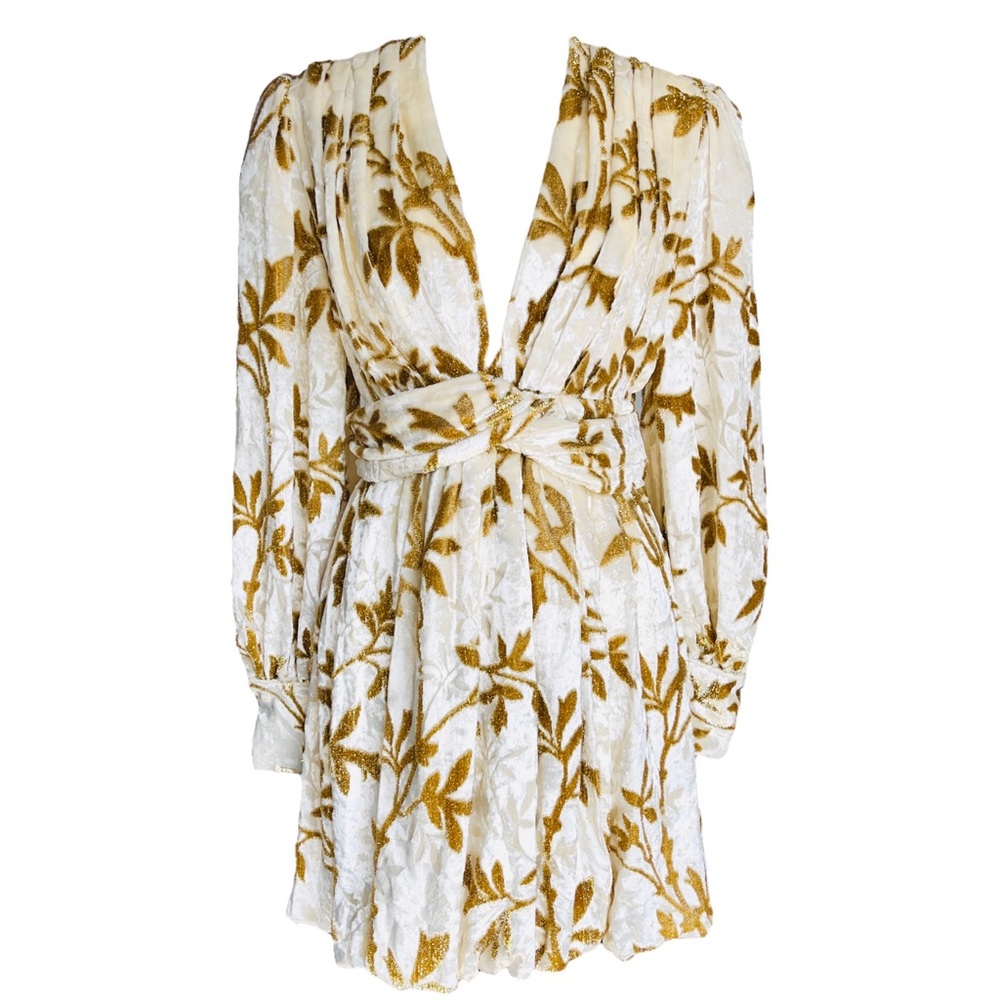 DODO BAR OR Mona White Gold Metallic Velvet Floral Ivy Print Jacquard Mini Dress